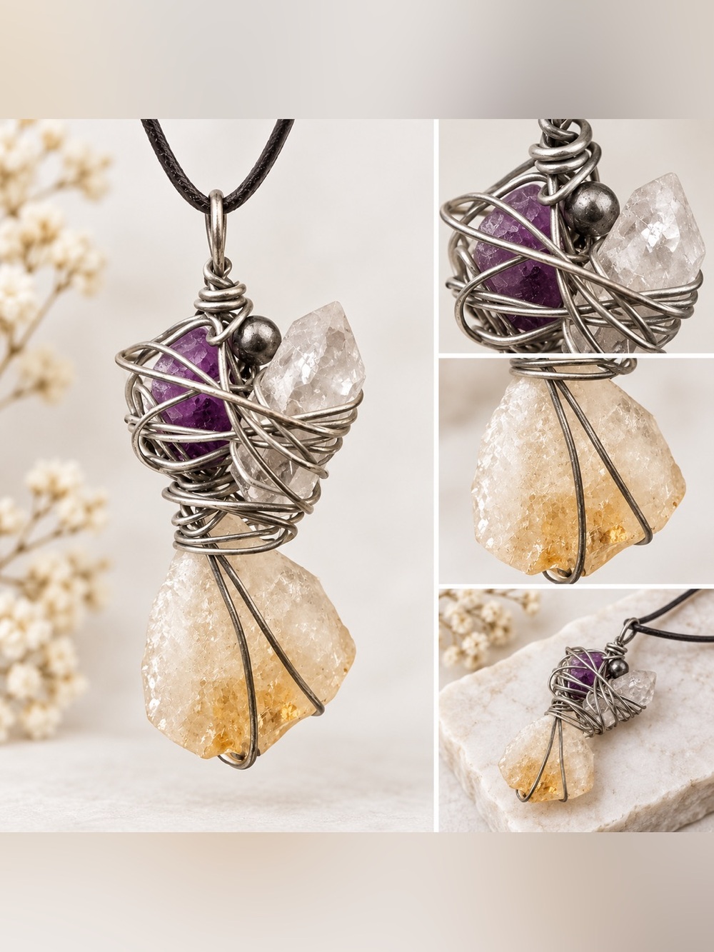 Wire Wrapped Crystal Pendant Necklace Amethyst Clear Quartz Citrine Boho